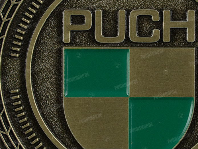 Badge / embleem Puch logo goud met emaille 47mm RealMetal